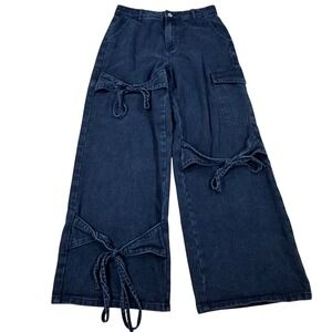 Y2K Cider Wide Leg Cargo Jeans Black Bow Tie Detail Women's S Grunge Skater
